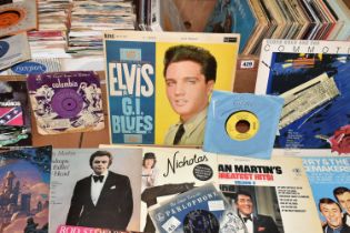 TWO BOXES OF LP RECORDS AND 7 INCH SINGLES, LP artists include Charley Pride, Elvis Presley - G.I