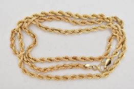 A 9CT GOLD ROPE TWIST CHAIN, fitted with a spring clasp, hallmarked 9ct Sheffield, length 500mm,