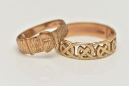 TWO 9CT GOLD RINGS, the first a Celtic style band ring, approximate width 6mm, hallmarked 9ct
