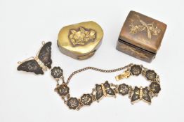 A DAMASCENE BROOCH, AND BRACELET WITH TWO BOXES, damascene butterfly brooch, fitted with a brooch