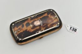 A VICTORIAN PIQUE TORTOISESHELL PURSE, AF rounded rectangular form, yellow and white metal inlay,