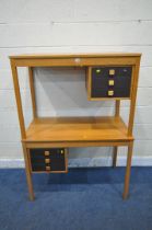 DOMINO MOBLER, AN OPPOSING PAIR OF MID CENTURY TEAK DESKS, fitted with three drawers, width 105cm