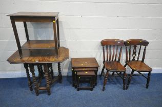 A 20TH CENTURY OAK BARLEY TWIST GATE LEG TABLE, open width 95cm x closed width 35cm x depth 58cm x