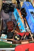 VINTAGE PHOTOGRAPHIC EQUIPMENT AND BINOCULARS ETC, to include an Olympus OM101 power zoom SLR camera