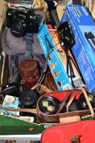 VINTAGE PHOTOGRAPHIC EQUIPMENT AND BINOCULARS ETC, to include an Olympus OM101 power zoom SLR camera