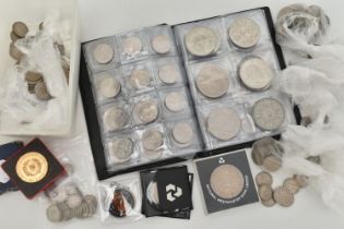 A SMALL COIN ALBUM AND PLASTIC BOX OF MIXED COINS, to include USA coins Morgan Peace Dollars Kennedy