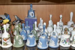 A COLLECTION OF DECORATIVE BELLS, approximately fifty bells to include nine Wedgwood Jasperware
