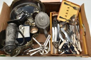 A BOX OF ASSORTED WHITE METAL WARE AND CUTLERY, to include entree dishes, goblet, small trays, AF