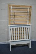 A MODERN WHITE PINE SINGLE BEDSTEAD, with side rails, slats and bolts (condition report: general