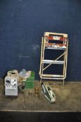 A TRAY CONTAINING TOOLS AND A SMALL FOLDING WORK BENCH including a Knight Taylor KT150 petrol