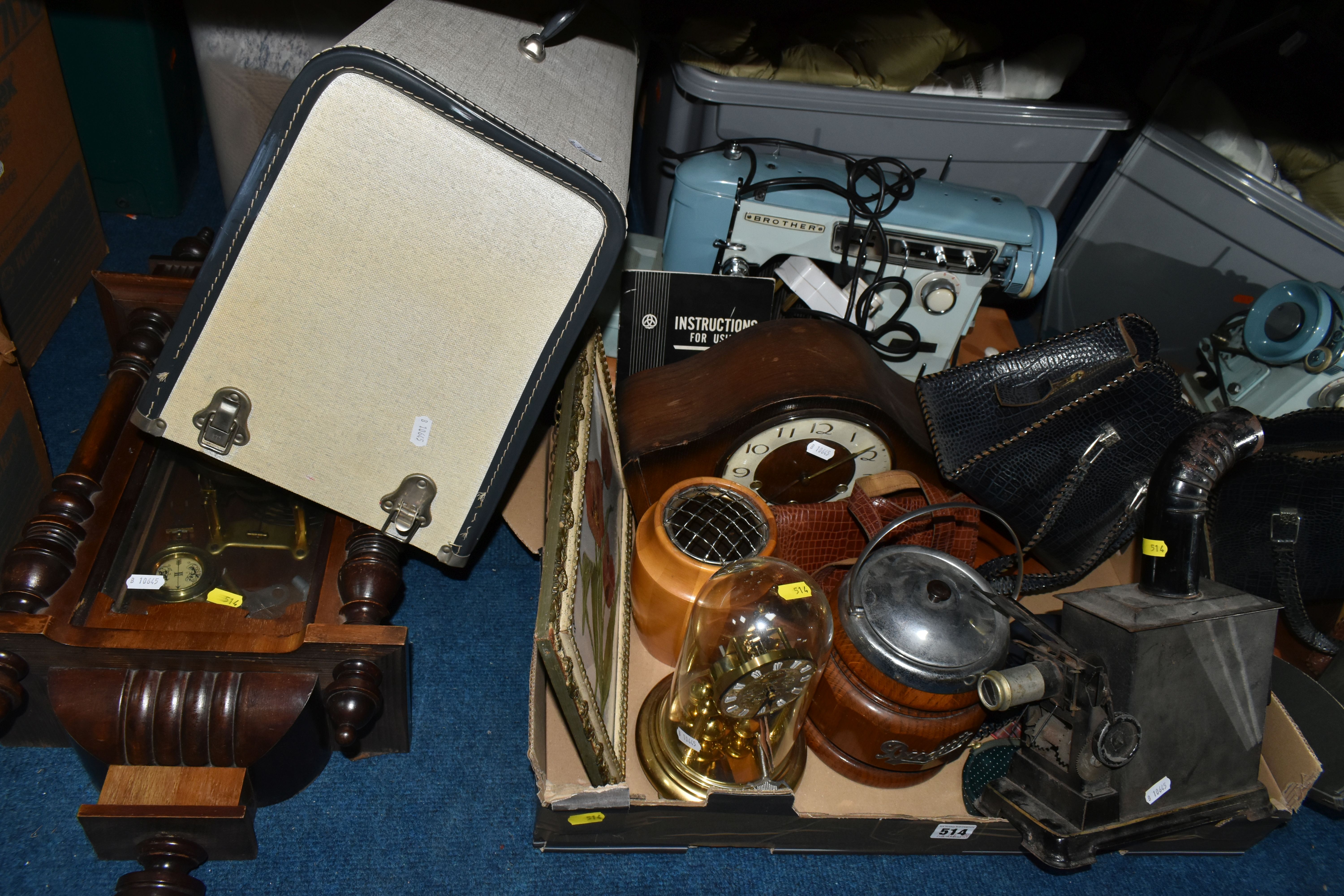 ONE BOX OF ASSORTED SUNDRIES, to include a wood and chrome 1930's biscuit barrel, mantel clock, a