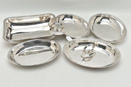 THREE SILVER PLATE ENTREE DISHES, to include two oval entree dishes with covers and handles,
