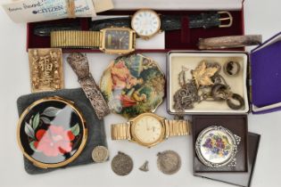 AN ASSORTMENT OF JEWELLERY AND WATCHES, to include a silver filigree bracelet, hallmarked Birmingham