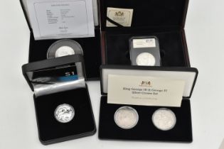 A BOXED SILVER COIN GROUP, to include King George III and IV silver crown pair in worn circulated