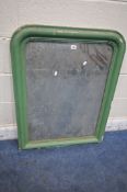 A DISTRESSED 19TH CENTURY GREEN PAINTED OVERMANTEL MIRROR, 73cm x 93cm (condition report: frame with