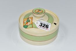 A CLARICE CLIFF BIZARRE 'STROUD' PATTERN PRESERVE POT, decorated with pale green bands, the cover