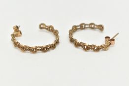 A PAIR OF 9CT GOLD HOOP EARRINGS, yellow gold hoops with a scrolling pierced design, fitted with