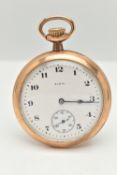 AN 'ELGIN' OPEN FACE POCKET WATCH, hand wound movement, round white dial signed 'Elgin', Arabic
