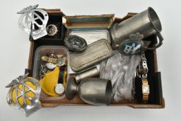 A BOX OF ASSORTED ITEMS, to include a boxed ceramic 'DKNY' round black chronograph dial, baton
