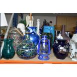 A QUANTITY OF LARGE VASES AND ORNAMENTS, comprising a Barge Ware hurricane lamp, ceramic double