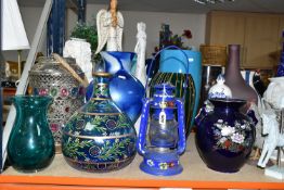 A QUANTITY OF LARGE VASES AND ORNAMENTS, comprising a Barge Ware hurricane lamp, ceramic double