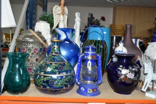 A QUANTITY OF LARGE VASES AND ORNAMENTS, comprising a Barge Ware hurricane lamp, ceramic double