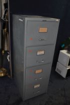 A VINTAGE METAL FOUR DRAWER FILING CABINET with key, badged Sankey Sheldon height 132cm