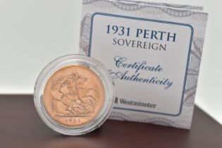 A FULL GOLD SOVEREIGN COIN PERTH MINT AUSTRALIA 1931, .916 fine, 22ct, 7.98 gram, 22.05mm, with
