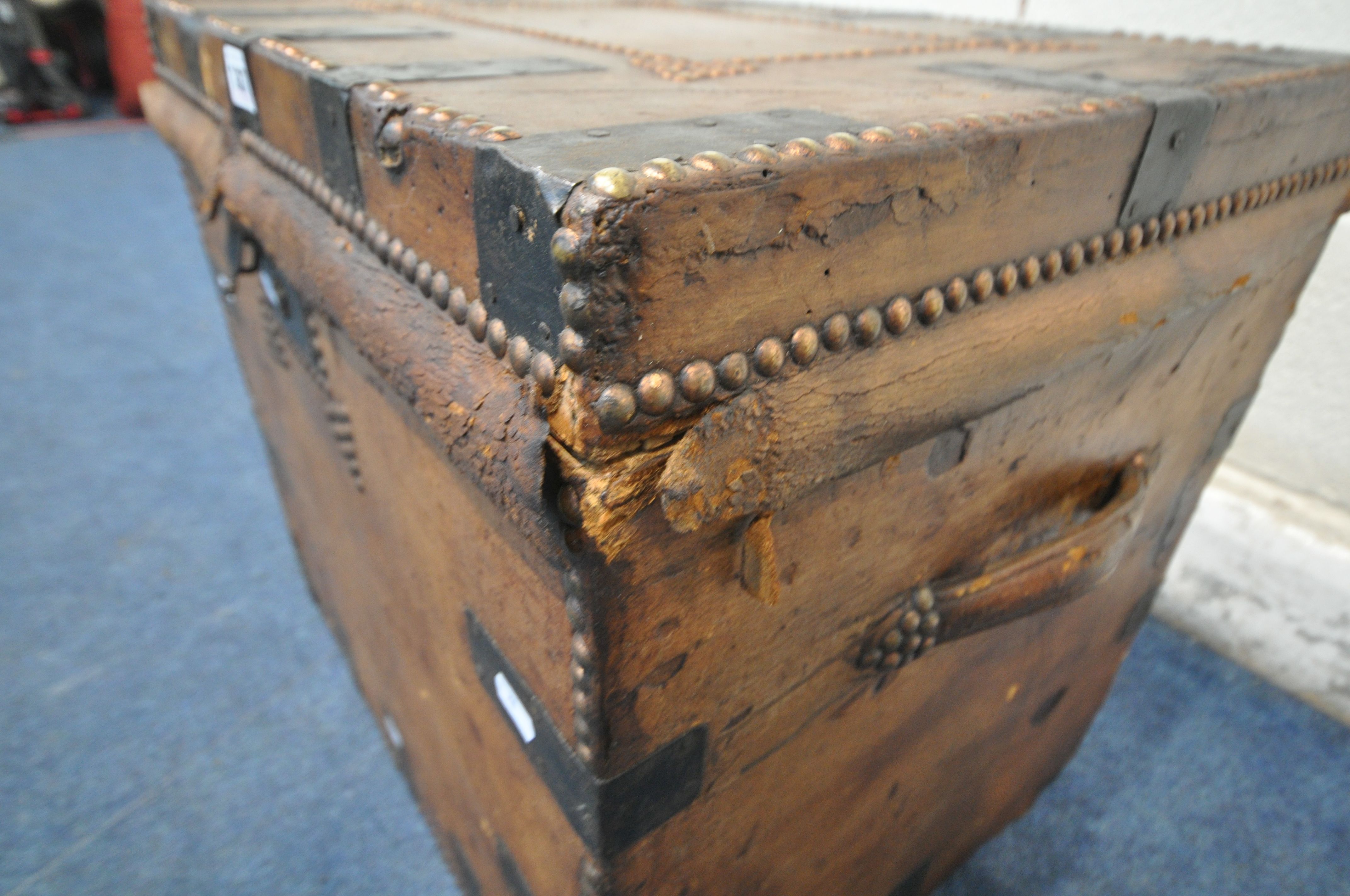 A VICTORIAN TANNED LEATHER TRUNK, with metal banding, twin leather handles and studded details, - Image 5 of 7