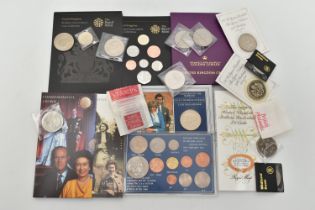 A CARDBOARD BOX CONTAINING A FEW ROYAL MINT COINS, to include 10x £5 coins, carded Two Pounds pair