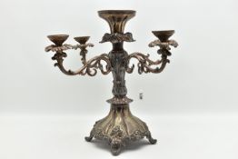 A LARGE WHITE METAL TABLE CENTREPIECE, a silver plate centrepiece with floral detail, four