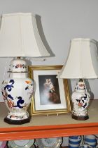 TWO MASON'S IRONSTONE 'MANDALAY' PATTERN TABLE LAMPS, comprising two lamp bases, height 41cm and