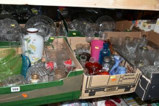 FIVE BOXES OF VICTORIAN AND LATER CLEAR AND COLOURED GLASSWARE, mostly press molded, includes
