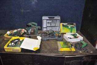 A COLLECTION OF SIX BOSCH POWER TOOLS comprising of a CSB-470-RLE drill in case, a SB350 jigsaw, a