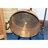 A LARGE BRASS PAN AND HUNTING HORN, comprising a brass mounted copper hunting horn, length 126cm,