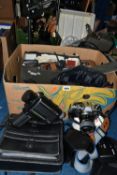 ONE BOX OF VINTAGE CAMERAS AND EQUIPMENT, to include an Olympus OM10 camera, a Miranda Olympus