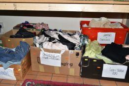 SEVEN BOXES OF LADIES' CLOTHES, mostly size 16/18 from M&S, includes denim, scarves, dressing
