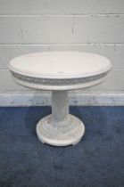 A CONTINENTAL MARBLE TOP CIRCULAR SIDE TABLE, raised on a moulded resin Corinthian style support