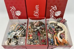 ASSORTED COSTUME JEWELLERY AND WATCHES, three shoe boxes of assorted beaded necklaces, bracelets and