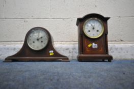 TWO 20TH CENTURY MAHOGANY MANTEL CLOCKS, the taller clock with winding key and pendulum, the other