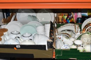 FIVE BOXES OF CERAMICS, to include a metal camping dinner set of plates, dishes, teapot and six