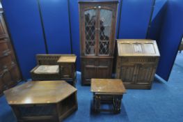 A SELECTION OF 20TH CENTURY OAK FURNITURE, to include an Old Charm corner cupboard, with double lead