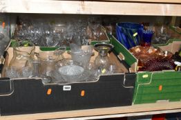 FOUR BOXES AND LOOSE COLOURED AND CLEAR GLASSWARE, including vases, drinking glasses, bowls, dishes,