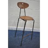 A MID CENTURY TUBULAR METAL BAR STOOL, with teak shaped back rest and circular seat, height 99cm (