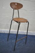 A MID CENTURY TUBULAR METAL BAR STOOL, with teak shaped back rest and circular seat, height 99cm (