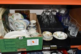 ONE BOX OF METALWARE AND SUNDRIES, to include a boxed set of six Thomas Webb Crystal wine glasses, a