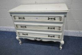 A FRENCH WHITE CHEST OF THREE LONG DRAWERS, on cabriole legs, width 92cm x depth 48cm x height