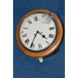 A TWENTIETH CENTURY WOODEN CASED WALL CLOCK, the cream dial bearing black Roman numerals, no visible