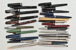 A QUANTITY OF PENS, a variety of fountain and ball point pens, to include six Parker fountain pens