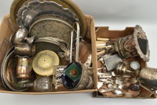 A BOX OF ASSORTED WHITE METAL WARE, to include a selection of trays and serving dishes, a small